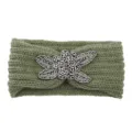 Olive green knitted wool headband with sparkling beaded flower motif, winter warm hair accessory. - Pickle Green