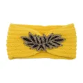 Yellow knit headband with beaded crystal leaf decor warm winter hair accessory for women - Yellow
