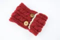 Red knitted headband detail with wooden buttons and lace trim, warm winter ear warmer accessory. - Wine Red