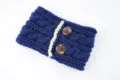 Close-up detail of dark blue knit headband with wooden buttons and lace trim, warm ear warmer. - Navy Blue