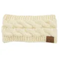 Beige cable knit headband for women, winter warm fleece ear warmer with C.C patch style. - Cream