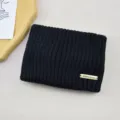 Black knitted headband with metal letter label, solid color double layer winter warm hair band. - Black