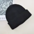 Solid black knit beanie hat, thick double layer casual winter warm cap for men and women. - Black