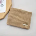 Khaki solid color knitted headband, warm winter fleece hair band with chic metal tag. - Camel