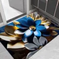 Luxe blauw goud bloemen vloermat detailweergave, antislip absorberend zacht tapijt voor hal. - Badkamer Luxe Bloemen 05
