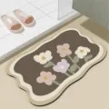 Abstracte bloemen vloermat, absorberende antislip badmat voor keuken met golvende rand. - Bloeiende bloemen - Koffiebruin
