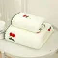 Coral fleece towel set with cute cherry embroidery and lace edge, soft bathroom home textile. - Towel 35*75cm / White