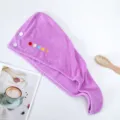 Purple coral fleece dry hair cap with buttons and cute colorful dot embroidery for quick dry. - Purple