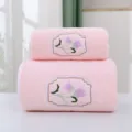 Coral fleece towel and bath towel set in soft pink with beautiful floral embroidery design. - 35*75cm / Pink