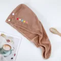 Brown coral fleece dry hair cap with cute colorful dots and button, soft and highly absorbent. - Brown
