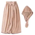 Coral fleece wearable bath towel set with hair drying cap, soft and highly absorbent. - One Size / Bath Dress + Hair Cap Skin Pink