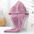 Thickened coral fleece dry hair cap with cute bear buttons for quick water absorption. - Single Layer / Dusty Pink