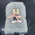 Cute cartoon embroidered coral fleece bath towel rolled with pink ribbon for daily home use. - Blue Bowtie Rabbit