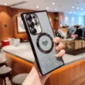Luxury magnetic glitter phone case for Samsung with chic heart pattern and camera protection. - Black / Galaxy S23U