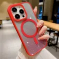 Glitter MagSafe phone case detail view, sparkling gradient finish with red protective frame. - Red