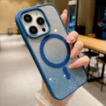 Glitter magnetic phone case detail view, showing sparkling back and camera protection ring. - Teal