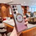 Luxury magnetic glitter heart phone case for Samsung Galaxy, gradient bling protective cover. - Pink