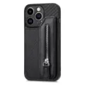 Black carbon fiber texture iPhone case with zipper card pocket wallet and practical stand design. - Black / IP 15