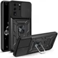 Vista detallada de la funda protectora negra con cubierta deslizante de cámara y soporte. - A72 5G / Negro