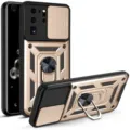 Vista detallada de primer plano de funda de teléfono resistente con cubierta de cámara y anillo. - S20PLUS / Dorado