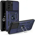 Vista detallada de funda protectora robusta con cubierta de cámara deslizante y soporte. - A72 5G / Azul