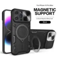Magnetic phone case detail showing camera sliding cover and kickstand design features. - Black / iPhone 14