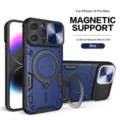 Durable iPhone 14 Pro Max magnetic armor case with camera slide cover and metal ring stand. - Blue / iPhone 14