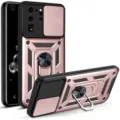 Vista detallada de funda protectora resistente con cubierta de cámara deslizante y soporte. - S20PLUS / Rosa oro