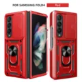 Detailed view of the red armor phone case with camera slide cover and ring stand feature. - Red