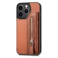 Carbon fiber texture iPhone leather case with zipper wallet card holder and kickstand. - Brown / IP 15