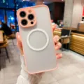 Pink frosted magnetic phone case with contrast color frame and camera protection for iPhone. - Pink