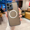 Magnetic phone case detail view featuring camera protection frame and wireless charging ring. - Navy Blue