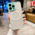 Closeup of magnetic frosted phone case with camera lens protection and sleek matte finish. - Sky Blue