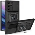 Rugged phone case for Samsung with slide camera cover and metal ring holder stand black. - Black / S23ULTRA