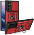 Armor phone case with sliding camera cover and metal ring kickstand, heavy duty protection. - Red / S23ULTRA