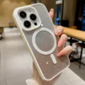 Detailed view of the sparkling glitter MagSafe phone case with protective white frame. - White