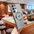 Detailed view of sparkly magnetic phone case with heart design and precise camera cutouts. - Silver / Galaxy S23U