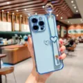 Coque de téléphone cœur galvanisé avec lanière pour iPhone, housse de protection souple. - Cœur Creux Électroplaqué + Dragonne Vide / Bleu Sierra / iPhone  14 Pro  Max