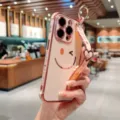 Electroplated phone case with wrist strap and cute smile design for iPhone users. - iPhone 14 Pro Max / Cherry Pink