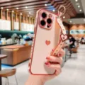 Γαλβανισμένη ροζ θήκη iPhone με λουράκι καρπού καρδιά, συμβατή με διάφορα μοντέλα. - Κερασί Ροζ / iPhone 14 Pro Max