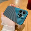Carbon fiber phone case with blue and dark grey diagonal pattern, frosted finish for iPhone. - Black and Blue / iPhone14