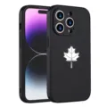 Black leather texture iPhone case with white maple leaf pattern, anti-drop design. - Black