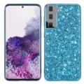 Detailed view of the blue glitter phone case showing full coverage drop-proof back design. - Blue