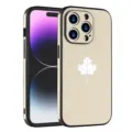 Detailed view of the beige fabric texture phone case with maple leaf and camera protection. - White