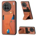 Brown woven leather phone case with card holder and kickstand, multi-functional protective cover. - Brown / vivo Y11/Y17/Y15/Y12/Y3