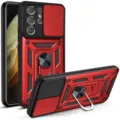 Vista detallada de la funda protectora robusta roja y negra con cubierta de cámara y soporte de anillo. - Rojo