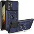 Funda protectora para Samsung con cubierta de cámara deslizante y soporte de anillo, fuerte - Azul / A71