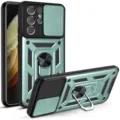 Funda de teléfono protectora resistente con cubierta de cámara deslizante y soporte de anillo. - Verde Oscuro / S23PLUS