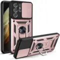 Vista detallada de funda protectora resistente con cubierta de cámara deslizante y soporte de anillo - Rosa oro / S23PLUS