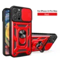 Fundas protectora robusta para iPhone 14 Pro Max con cubierta de cámara y anillo soporte. - Rojo / iPhone15
